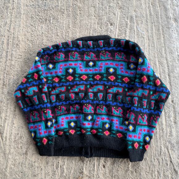 VINTAGE L.L. BEAN CARDIGAN SWEATER ARGYLE GEOMETRIC ABSTRACT KNIT LARGE 80S 90S - Picture 2 of 5